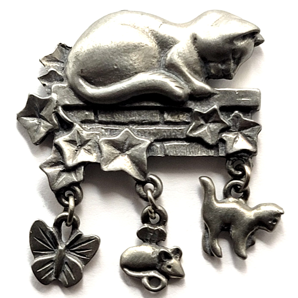 Pewter Cat Brooch Brick Wall Ivy Kitty Mouse Butterfly Dangle Charms Animal LCD